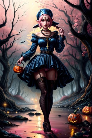 full body a cute charming halloween ((gargamel))  wearing a (((his classic outfit and a rosary))),  glitter,  in a dark magical forest, an ultra hd detailed painting, digital art, big dark eyes, hold a pumpkin, Jean-Baptiste Monge style, bright, beautiful, splash, Glittering, cute and adorable, filigree, rim lighting, lights, extremely, magic, surreal, fantasy, digital art, wlop, french dress, panty showing, ((pink panties))