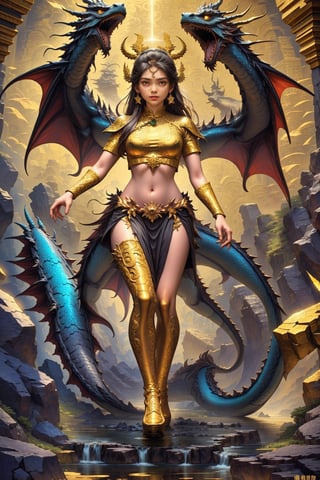 1 Indian full body Goddess with dragon hyperdetailed black bronze sculpture, perfect face, cinematic pose, (masterful:1.3), in the ancient style of the best chinese art, detailed and intricate, golden line, yellow crystals, glass elements, complex background, golden intricately detailed background, black color,bg_imgs,dragon,Indian,<lora:659111690174031528:1.0>