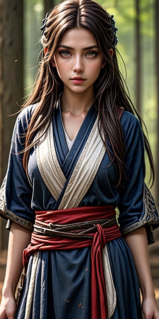 Natural Light, (Best Quality, highly detailed, Masterpiece), (beautiful and detailed eyes), (realistic detailed skin texture), (detailed hair), (Fantasy aesthetic style), (realistic light and shadow), (real and delicate background), ((cowboy shot)), (from high), shinobi, beautiful Indian girl, 23 year old,1girl, lotr elf, amber colored eyes, brown hair, A beautiful young elven ninja, clad in navy shinobi shozoku, with a red sash, stands confidently in a beautiful 
forest landscape.