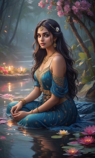 Imagine a sexy stunning young Indian native on her kness, washing her hair in a river, bathing in a river with long flowing hair peacefully immersed in the ethereal glow of a moonlit pond. Vibrant, colorful flowers encircle the tranquil scene, their vibrant petals reflecting the soft light. Wisps of gentle fog embrace the landscape, adding an air of mystery and enchantment to this captivating nocturnal oasis. A mesmerizing blend of serenity, elegance, and natural beauty.,Indian Model