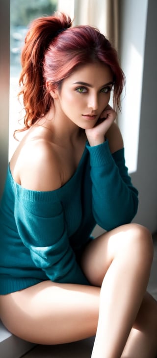 Generate hyper realistic image of a Indian woman with striking green eyes and luscious red hair, dressed in an off-shoulder sweater, sleeves extending elegantly past her wrists. She sits on the floor with her knees up, near a sunlit window, her long hair falling in gentle waves around her. A ponytail adds a playful touch to her appearance, while she exudes an aura of allure and mystery. The soft glow of sunlight illuminates her features as she leans against her arm support.,Indian