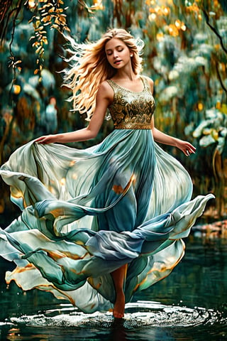 Masterpiece, High Quality, Realistic Aesthetic Photo, (HDR:1.4), Detail, Intricate Detail, Elegant and Beautiful Texture, RAW Photo 16K, Natural and Soft Lighting, (Full Body Shot), Fantasy, Wonderful, Stern, Beautiful Blue Lake Ripples, Beautiful Girl Floating in the Air, Swaying Hair and dress, perfect proportions, smiling, long beautifully tied blonde hair, dark blue dress and gold embroidery, green forest with divine light background, soft focus, blur, 3 point lighting, center crop, magical fantasy style ,Indian Model
