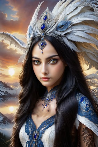 beautiful Indian girl, 23 year old, A fantastic painting depicting a snow-white dragon queen wearing a tiara and necklace, spreading her wings in front of a breathtaking sunset backdrop. The art is done in a realistic style using oil paints and intriguing details reminiscent of the works of Leonardo da Vinci and Rembrandt. Each element is expressive and worked out to the smallest detail, giving the work a hyper-realistic look. This work will definitely attract the attention of fantasy lovers and Russian artists such as Viktor Vasnetsov or Ilya Efimovich,Insta Model,APEX SUPER REAL FACE XL ,DonM3l3m3nt4lXL