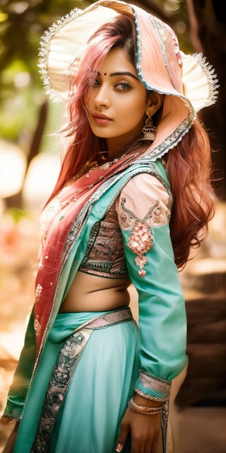 Generate hyper realistic image of a beautiful indian woman with long, flowing hair cascading down her shoulders, her piercing blue eyes gazing directly at the viewer. She wears a stylish ensemble with long sleeves and pink hair, set in a classic cowboy shot. Adorned with elegant earrings, she exudes confidence in her pants and hood attire.,Indian