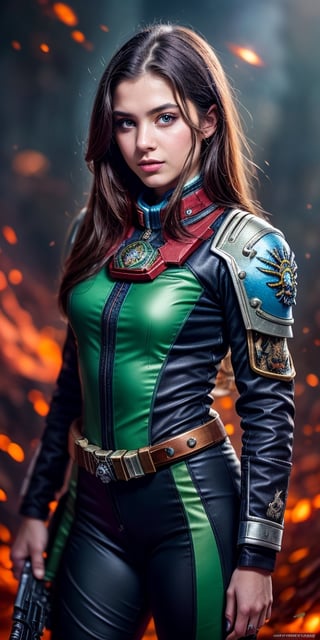 A hyperrealistic young girl in full height, with long straight hair, beautiful green eyes, parted lips, cute expressive captivating look, the atmosphere of the world of Warhammer 40,000, the girl is wearing fantastic clothes from the universe of Warhammer 40,000, a space marine combat suit, a girl against the background of the nature of a wild unknown planet,