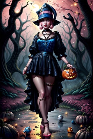 full body a cute charming halloween ((gargamel))  wearing a (((his classic outfit and a rosary))),  glitter,  in a dark magical forest, an ultra hd detailed painting, digital art, big dark eyes, hold a pumpkin, Jean-Baptiste Monge style, bright, beautiful, splash, Glittering, cute and adorable, filigree, rim lighting, lights, extremely, magic, surreal, fantasy, digital art, wlop, french dress, panty showing, ((pink panties))