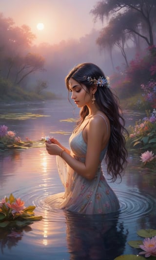 Imagine a sexy stunning young Indian native on her kness, washing her hair in a river, bathing in a river with long flowing hair peacefully immersed in the ethereal glow of a moonlit pond. Vibrant, colorful flowers encircle the tranquil scene, their vibrant petals reflecting the soft light. Wisps of gentle fog embrace the landscape, adding an air of mystery and enchantment to this captivating nocturnal oasis. A mesmerizing blend of serenity, elegance, and natural beauty.,Indian Model