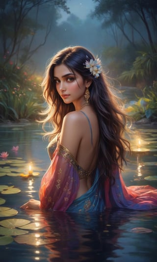 Imagine a sexy stunning young Indian native on her kness, washing her hair in a river, bathing in a river with long flowing hair peacefully immersed in the ethereal glow of a moonlit pond. Vibrant, colorful flowers encircle the tranquil scene, their vibrant petals reflecting the soft light. Wisps of gentle fog embrace the landscape, adding an air of mystery and enchantment to this captivating nocturnal oasis. A mesmerizing blend of serenity, elegance, and natural beauty.,Indian Model