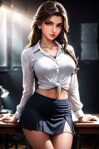 beautiful and breathtaking young Indian woman, she is high school student, sensual and tender, deep cleavage, full tummy, navel, romantic and sexsuality, medium breasts, School dress(small white shirt (knotted ) and mini skirt) , tight fitting clothes, open button shirt, spotlight on the eyes, eyes lighting, silhouette, looking at viewer, detailed beautiful face, class room, blackboard in background, dark background , dark theme, dimly lit, perfecteyes,Low-key,Low-key lighting Style, full body shot. 