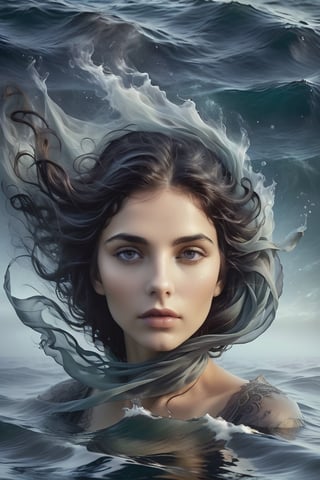 A stunning woman with dark hair, shrouded in mystery, floats serenely beneath the surface of a mystical sea. Colored tones dominate the scene. haze  envelop her ethereal form. Her head tilted back, she gazes upwards with open eyes that convey intense emotions: pain or sorrow. Finely detailed features on her face, including expressive eyes and intricate facial expressions, draw the viewer's attention to her enigmatic allure. high contrast, 12K,Insta Model,DonMW15pXL,more detail XL