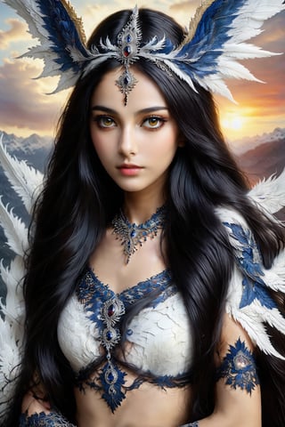 beautiful Indian girl, 23 year old, A fantastic painting depicting a snow-white dragon queen wearing a tiara and necklace, spreading her wings in front of a breathtaking sunset backdrop. The art is done in a realistic style using oil paints and intriguing details reminiscent of the works of Leonardo da Vinci and Rembrandt. Each element is expressive and worked out to the smallest detail, giving the work a hyper-realistic look. This work will definitely attract the attention of fantasy lovers and Russian artists such as Viktor Vasnetsov or Ilya Efimovich,Insta Model,APEX SUPER REAL FACE XL ,DonM3l3m3nt4lXL