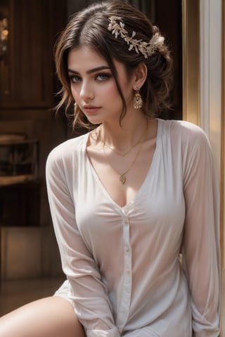 Generate hyper realistic image of a Indian woman with blonde hair and piercing blue eyes, elegantly sitting and gazing directly at the viewer. She wears a crisp white shirt with long sleeves, adorned with subtle jewelry including earrings and a necklace. Her hair is styled in a chic bun, with strands of white hair framing her face, adding to her ethereal charm. The indoor setting provides a soft light that accentuates her features and highlights the delicate details of her attire and accessories.