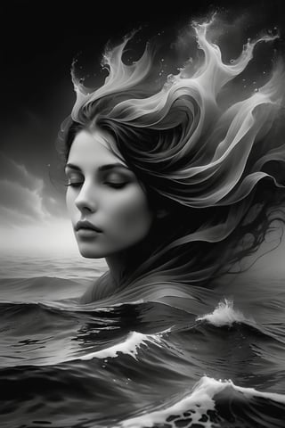 A stunning woman with dark hair, shrouded in mystery, floats serenely beneath the surface of a mystical sea. Black and white tones dominate the scene. haze  envelop her ethereal form. Her head tilted back, she gazes upwards with open eyes that convey intense emotions: pain or sorrow. Finely detailed features on her face, including expressive eyes and intricate facial expressions, draw the viewer's attention to her enigmatic allure. high contrast, 12K,Insta Model,DonMW15pXL