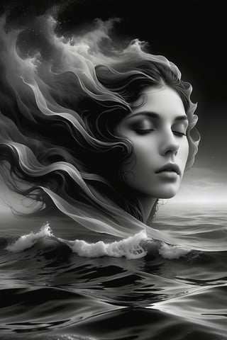 A stunning woman with dark hair, shrouded in mystery, floats serenely beneath the surface of a mystical sea. Black and white tones dominate the scene. haze  envelop her ethereal form. Her head tilted back, she gazes upwards with open eyes that convey intense emotions: pain or sorrow. Finely detailed features on her face, including expressive eyes and intricate facial expressions, draw the viewer's attention to her enigmatic allure. high contrast, 12K,Insta Model,DonMW15pXL