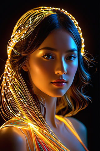 best quality, 4k, 8k, highres, masterpiece:1.2), ultra-detailed, (realistic, photorealistic, photo-realistic:1.37), Luminogram portrait with fiber optic light painting, Light field photography, Light painting, Light tracing, portraits, bokeh, studio lighting, physically-based rendering, vivid colors, sharp focus, reverse vignette, ethereal glow, colorful, delicate details, soft shadows, luminescent strands, subtle highlights, ambient incandescent light, fantastical atmosphere, glowing figures, unconventional light sources, contrasting hues, fiber optic brushstrokes, hypnotic patterns, trail of lights, playful illumination,ANIME