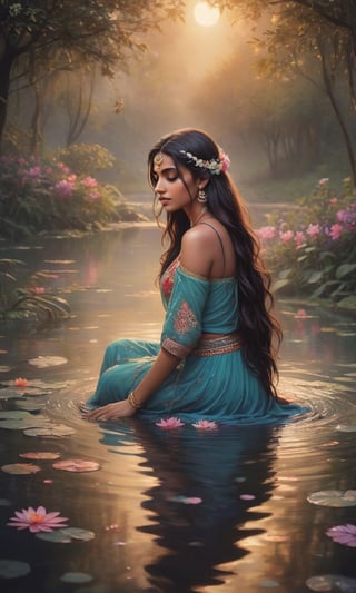 Imagine a sexy stunning young Indian native on her kness, washing her hair in a river, bathing in a river with long flowing hair peacefully immersed in the ethereal glow of a moonlit pond. Vibrant, colorful flowers encircle the tranquil scene, their vibrant petals reflecting the soft light. Wisps of gentle fog embrace the landscape, adding an air of mystery and enchantment to this captivating nocturnal oasis. A mesmerizing blend of serenity, elegance, and natural beauty.,Indian Model