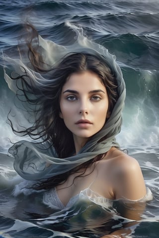 A stunning woman with dark hair, shrouded in mystery, floats serenely beneath the surface of a mystical sea. Colored tones dominate the scene. haze  envelop her ethereal form. Her head tilted back, she gazes upwards with open eyes that convey intense emotions: pain or sorrow. Finely detailed features on her face, including expressive eyes and intricate facial expressions, draw the viewer's attention to her enigmatic allure. high contrast, 12K,Insta Model,DonMW15pXL,more detail XL