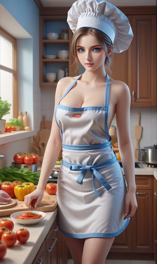A 22-year-old female chef posing in the kitchen Generates a hyper-realistic image of a woman wearing only apron, soft blue eyes.  Set the scene in a kitchen, up close, topless, sexy, teasing, huge breasts, dynamic sexy poses,DonM3l3m3nt4lXL