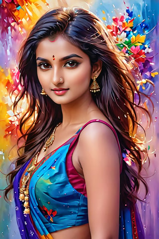 An enchanting 8K oil painting masterpiece, (A vibrant and youthful woman, 18 years old, her hair artfully tousled:1.3), Exquisitely portraying her perfect face with soft, flawless skin, adorned with a delightful blend of blue, yellow, light purple, and violet hues, accentuated with hints of light red, (An intricate celebration of beauty:1.3), Every detail meticulously crafted in a mesmerizing display of colors, resembling a stunning splash screen, (An 8K resolution masterpiece that captivates the eye:1.3), A cute face brought to life in the realm of art, destined to grace ArtStation's digital painting hall of fame, (A smooth and artistic portrayal that defies convention:1.3),Indian Model, full body, wearing sexy indian dress, big tight breasts, cleavage, tummy, exposed_navel,