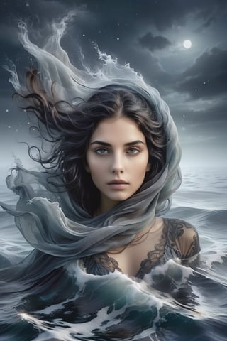 A stunning woman with dark hair, shrouded in mystery, floats serenely beneath the surface of a mystical sea. Colored tones dominate the scene. haze  envelop her ethereal form. Her head tilted back, she gazes upwards with open eyes that convey intense emotions: pain or sorrow. Finely detailed features on her face, including expressive eyes and intricate facial expressions, draw the viewer's attention to her enigmatic allure. high contrast, 12K,Insta Model,DonMW15pXL,more detail XL