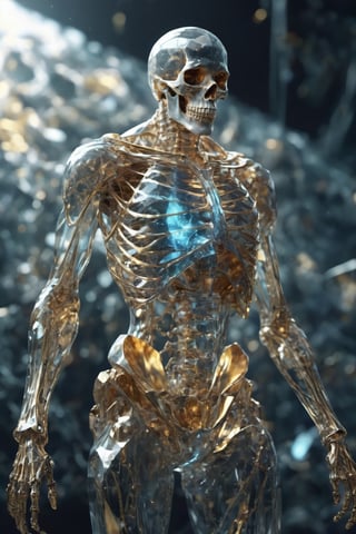 polluted earth made of crystal, full body, beautiful atmosphere with golden lines, completely transparent bones,skll,glass shiny style,Movie Poster,MoviePosterAF