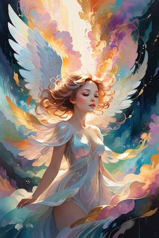 An angel with its wings spread, enveloping a person in a warm, bright light. sharp contours, clean lines, romantic illustrations, wonderful tones, studio portraits, vibrant, detailed and dreamy atmospheric portraits, fun, captivating color palette. anime characters, Alexandra Artman style, surreal atmosphere, dreamlike scenes, ethereal atmosphere, Watercolor style, exquisite clipart magazine cover composition, award-winning image. hyperactive imagination, interactive, highly detailed image. Art's Style by Jeszika Le Vye + Dang My Linh + Dan Volbert + Rachel Walpole + Alyn Spiller.