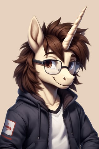 An anthropomorphic beige unicorn pony with scruffy brown hair and glasses wearing a jacket and smiling smugly,furry