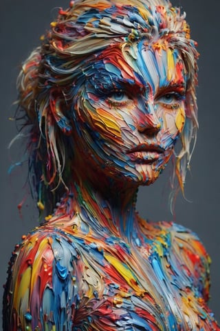 All Paint is thick and rainbow colors, multiple layers of long flowing strokes of acrylic paint, 4k, a sensual blonde woman covered in thick paint strokes, Elisha Cuthbert face coverd in paint, she is looking sensually at the viewer, (her eyes are directed at the viewer:1.2), large breasts covered in paint, every curve of her body is accentuated by the thick paint brush strokes, face covered in paint, hips covered in paint, legs covered in long sensual paint strokes, shoulders and arms covered in vibrant paint, (full_body:1.2),covered with ais-acrylicz