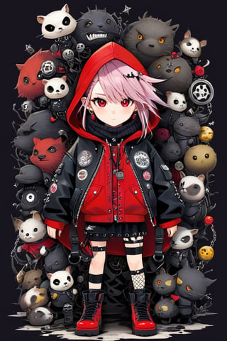 A punk rock version of Little Red Riding Hood, 14, dressed in a rebellious fusion of edgy fashions
(standing:1.2), red hooded cape with torn fishnet accents, adorned with punk-inspired patches and pins. Septum earrings, more calls, ratty dreads, more patches, crust-core, anti-union designs, dirty torn studded spike leather jackets, hardcore punk style jackets, lot punk badges, military boots laced up her legs,,Rebellin, Dal,Pink Emo,ct-niji2,BugCraft,dal