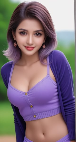 Outdoor park, rainy day, 20 years old Indian girl, 1 girl, beautiful indian girl, happy smile, big breasts, ( Sexy Sweater half covers breasts:1.4), ((unbutton, undress, cardigan short sweater, mini skirt)), solo, {beautiful and detailed eyes}, dark eyes, purple lips, happy sexy face, delicate facial features, ((model pose)), attractive body shape, cleavage, tummy, navel, belly_button,(light purple hair: 1.4), very long hair, curly hair, hair_past_waist, bangs, simple small necklace, simple small earrings, fine lines, real hands, masterpiece, most Best quality, 16k, realistic, ultra-detailed, fine, high resolution, perfect dynamic composition, beautiful and detailed eyes, smile at the corner of the eye, sharp focus, full-length portrait, cowboy shooting,
,Indian,,,<lora:659095807385103906:1.0>
