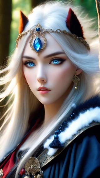 A fierce female warrior fighting in a snowy forest, in Medieval cloak, fur trimmed cloak, long hair, looking at viewer, blue eyes, simple background, (hair ornament), gem, tassel, hair between eyes, jewelry, upper body, earrings, lips, fur trim, eyelashes, portrait, beads, emo, (sharp eyes:1.4), (rebellious:1.4), (fierce:1.4), (standing: 1.2), silver-white hair, Gothic make-up, tough, wild. Kyoto Animation stylized anime, cinematic Lighting, ethereal light, intricate details, extremely detailed, incredible details, full colored, complex details, insanely detailed and intricate, hyper maximalist, gorgeous light and shadow, detailed decoration, detailed lines. Masterpiece, best quality, aerial view, HDR, UHD, unreal engine. looking at the camera, dark Fantasy background, representative, fair skin, beautiful face,A beautiful girl, blonde hair, dynamic character, detailed exquisite face, bold high quality, high contrast,art_booster,DonMS4kur4XL,DonMW15pXL