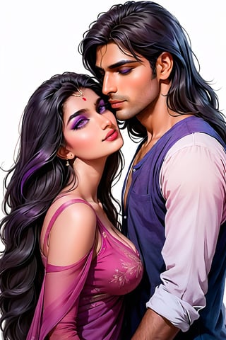 realistic, pencil Sketch of 2 beautiful  indian woman, 17 years old, kissing, couple, looking_at_viewer  , multicolor long hair, purple shades, disheveled alluring , ink drawing, illustrative art, soft lighting, detailed, more Flowing rhythm, elegant, low contrast, add soft blur with thin line, full pink lips, blue eyes, sexy  clothes , cleavage, big breasts, tummy, navel, Indian Model,DonMW15pXL