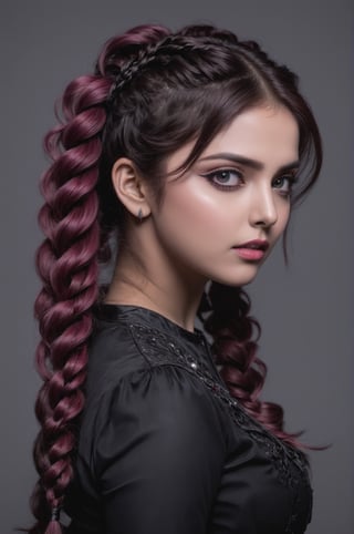 beautiful Indian girl, 23 year old, Highy detailed image, cinematic shot, (bright and intense:1.2), wide shot, perfect centralization, side view, dynamic pose, crisp, defined, HQ, detailed, HD, dynamic light & pose, motion, moody, intricate, 1girl, pink curly hair in elaborate braids and pony tails, (((goth))) light pink eyes, black roses in hair, attractive, clear facial expression, perfect hands, emotional, hyperrealistic inspired by necronomicon art, fantasy horror art, photorealistic dark concept art
,goth person