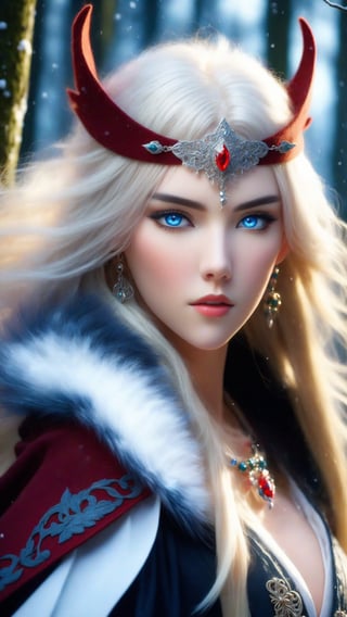A fierce female warrior fighting in a snowy forest, in Medieval cloak, fur trimmed cloak, long hair, looking at viewer, blue eyes, simple background, (hair ornament), gem, tassel, hair between eyes, jewelry, upper body, earrings, lips, fur trim, eyelashes, portrait, beads, emo, (sharp eyes:1.4), (rebellious:1.4), (fierce:1.4), (standing: 1.2), silver-white hair, Gothic make-up, tough, wild. Kyoto Animation stylized anime, cinematic Lighting, ethereal light, intricate details, extremely detailed, incredible details, full colored, complex details, insanely detailed and intricate, hyper maximalist, gorgeous light and shadow, detailed decoration, detailed lines. Masterpiece, best quality, aerial view, HDR, UHD, unreal engine. looking at the camera, dark Fantasy background, representative, fair skin, beautiful face,A beautiful girl, blonde hair, dynamic character, detailed exquisite face, bold high quality, high contrast,art_booster,DonMS4kur4XL,DonMW15pXL