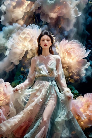 Inspired by photography from Vogue magazine, On a cloudy day, a woman is wearing a romantic transparent gauze, like clouds, a colorful long skirt, the woman's face is looming, the atmosphere is like smoke and a dream, it is indescribably beautiful.