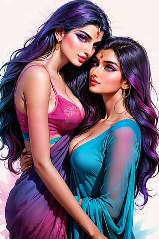 realistic, pencil Sketch of 2 beautiful  indian woman, 17 years old, kissing, couple, looking_at_viewer  , multicolor long hair, purple shades, disheveled alluring , ink drawing, illustrative art, soft lighting, detailed, more Flowing rhythm, elegant, low contrast, add soft blur with thin line, full pink lips, blue eyes, sexy  clothes , cleavage, big breasts, tummy, navel, Indian Model,DonMW15pXL