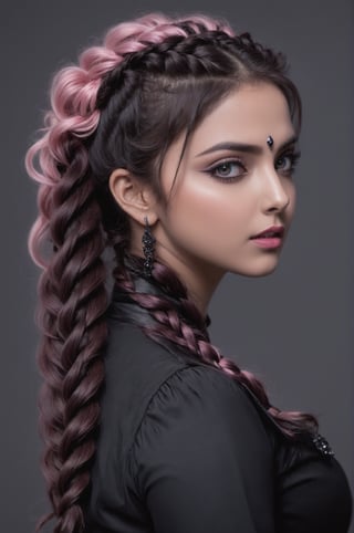 beautiful Indian girl, 23 year old, Highy detailed image, cinematic shot, (bright and intense:1.2), wide shot, perfect centralization, side view, dynamic pose, crisp, defined, HQ, detailed, HD, dynamic light & pose, motion, moody, intricate, 1girl, pink curly hair in elaborate braids and pony tails, (((goth))) light pink eyes, black roses in hair, attractive, clear facial expression, perfect hands, emotional, hyperrealistic inspired by necronomicon art, fantasy horror art, photorealistic dark concept art
,goth person