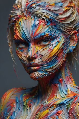 All Paint is thick and rainbow colors, multiple layers of long flowing strokes of acrylic paint, 4k, a sensual blonde woman covered in thick paint strokes, Elisha Cuthbert face coverd in paint, she is looking sensually at the viewer, (her eyes are directed at the viewer:1.2), large breasts covered in paint, every curve of her body is accentuated by the thick paint brush strokes, face covered in paint, hips covered in paint, legs covered in long sensual paint strokes, shoulders and arms covered in vibrant paint, (full_body:1.2),covered with ais-acrylicz