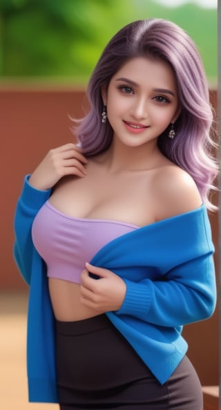 Outdoor park, rainy day, 20 years old Indian girl, 1 girl, beautiful indian girl, happy smile, big breasts, ( Sexy Sweater half covers breasts:1.4), ((unbutton, undress, cardigan short sweater, mini skirt)), solo, {beautiful and detailed eyes}, dark eyes, purple lips, happy sexy face, delicate facial features, ((model pose)), attractive body shape, cleavage, tummy, navel, belly_button,(light purple hair: 1.4), very long hair, curly hair, hair_past_waist, bangs, simple small necklace, simple small earrings, fine lines, real hands, masterpiece, most Best quality, 16k, realistic, ultra-detailed, fine, high resolution, perfect dynamic composition, beautiful and detailed eyes, smile at the corner of the eye, sharp focus, full-length portrait, cowboy shooting,
,Indian,,,<lora:659095807385103906:1.0>