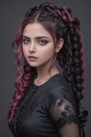 beautiful Indian girl, 23 year old, Highy detailed image, cinematic shot, (bright and intense:1.2), wide shot, perfect centralization, side view, dynamic pose, crisp, defined, HQ, detailed, HD, dynamic light & pose, motion, moody, intricate, 1girl, pink curly hair in elaborate braids and pony tails, (((goth))) light pink eyes, black roses in hair, attractive, clear facial expression, perfect hands, emotional, hyperrealistic inspired by necronomicon art, fantasy horror art, photorealistic dark concept art
,goth person