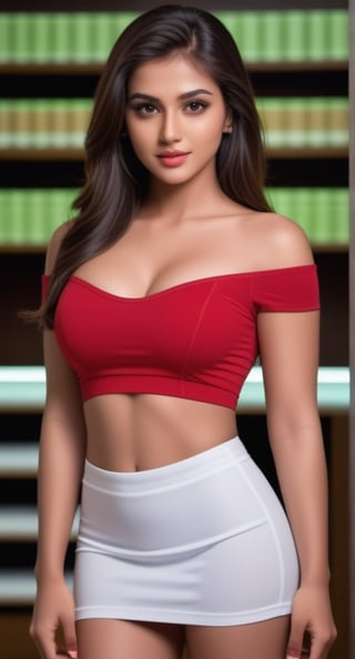 The beautiful woman is disha, 20 year old, very muscular, very masculine. Green eyes, large and bright eyes, full and sensual lips, long eyelashes, white hair, long hair, messy hair, random hair style. Light tan, SHe has big pecs, beefy pecs, six-pack abs, large boobs, round and tight boob's. 

The woman standing in library with leg cross. 

((( naked girl wearing transparent white shirt and red sport bra, shining black mini skirt, off-shoulder ,  navel,  cleavage cutout, cleavage, top_breast, belly_button, ))).

The library is very beautiful,  The lighting is natural. It is night ,many shadows are created on the woman.

The image is taken from a distance, you can see the woman in the center of the image and the details of the scene.,,,,,,,,,,,, ,,,,,,,,,,<lora:659095807385103906:1.0>