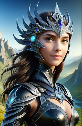 ultra realistic, best quality, cinematic, ultra detailed picture of beautiful female wearing an intricate form-fitting black leather armour and matching crown, ((boobs exposed)) perfect boobs, smiling, mountain landscape with a distant elvish city, outdoors, sharp focus, work of beauty and complexity invoking a sense of magic and fantasy, 8k UHD, colorful aura, glowing, upper body, very small breasts, looking at viewer, (((smooth lips, closeup))),Insta Model,style,DonMW15pXL
