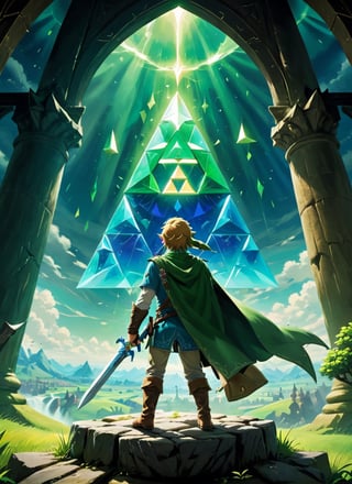 ((Masterpiece in maximum 4K resolution, with a style inspired by the epic universe of Zelda Tears of the Kingdom, fusing elements of adventure and fantasy.)) | In a magical kingdom shrouded in tears, the legendary hero, Link, takes the lead role. The scene unfolds with Link in the center, with his back to the viewer, looking at a horizon full of challenges and mysteries. His greenish cloak flutters gently in the wind, while the Triforce glows in his hand. | The composition highlights the immensity of the kingdom, with Link occupying the center of the image. The angle, subtly tilted, adds an aura of mystery and expectation to the scene. | Dramatic lighting highlights Link's profile and the surrounding landscape, creating a contrast between light and shadow that highlights the game's epic atmosphere. Effects such as motion blur and reflected light add dynamism to the image. | Link, the hero back in "Zelda Tears of the Kingdom", with his back to the viewer, facing a magical kingdom full of challenges and secrets. | {The camera is positioned very close to him, revealing his entire figure as he assumes a dynamic pose, interacting with and leaning against a structure in the scene in an exciting way.} | He takes a dynamic pose, boldly leaning on a structure, his cloak flowing in the wind, creating an engaging and mysterious atmosphere, | ((More Detail, ultra_detailed, Enhance)),