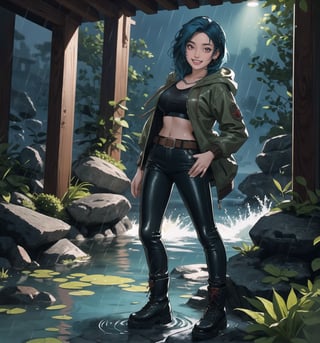 An ultra-detailed 4K masterpiece, combining fantasy and adventure styles, rendered in high resolution with sharp details. | A 23-year-old adventurer, dressed in a brown leather suit, explores a mysterious water temple during a night of torrential rain. Her outfit consists of a hooded jacket, tight pants, high boots, and a belt with multiple compartments to store her belongings. Her short, unkempt ((blue hair)) is wet from the rain, giving her a wild, disheveled look. Her ((red eyes)) shine with determination and curiosity, while ((she looks and smiles at the viewer, showing her white teeth)). | The image highlights the adventurer's athletic figure and the humid and gloomy environment of the water temple. The temple's ancient, rocky structures are covered in mosses and algae, suggesting that it has been submerged for a long time. Heavy rain hits the surrounding rocks, creating an immersive and realistic sound effect. The dim and mysterious lighting is created by some spotlights installed on the walls, highlighting the rough textures of the rocks and creating dramatic shadows. | Dark, cinematic lighting effects create a tense and exciting atmosphere, while detailed textures on the rocks, moss and leather suit add realism to the image. | A thrilling and suspenseful scene of a young adventurer exploring a mysterious water temple during a night of torrential rain, combining the styles of fantasy and adventure. | (((The image reveals a full-body shot as the woman assumes a sensual pose, engagingly leaning against a structure within the scene in an exciting manner. She takes on a sensual pose as she interacts, boldly leaning on a structure, leaning back and boldly throwing herself onto the structure, reclining back in an exhilarating way.))). | ((((full-body shot)))), ((perfect pose)), ((perfect arms):1.2), ((perfect limbs, perfect fingers, better hands, perfect hands, hands)), ((perfect legs, perfect feet):1.2), ((perfect design)), ((perfect composition)), ((very detailed scene, very detailed background, perfect layout, correct imperfections)), ((Enhance, Ultra details)), ((better_hands)), ((More Detail)),