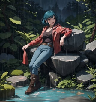 An ultra-detailed 4K masterpiece, combining fantasy and adventure styles, rendered in high resolution with sharp details. | A 23-year-old adventurer, dressed in a brown leather suit, explores a mysterious water temple during a night of torrential rain. Her outfit consists of a hooded jacket, tight pants, high boots, and a belt with multiple compartments to store her belongings. Her short, unkempt ((blue hair)) is wet from the rain, giving her a wild, disheveled look. Her red eyes shine with determination and curiosity, while ((she looks and smiles at the viewer, showing her white teeth)). | The image highlights the adventurer's athletic figure and the humid and gloomy environment of the water temple. The temple's ancient, rocky structures are covered in mosses and algae, suggesting that it has been submerged for a long time. Heavy rain hits the surrounding rocks, creating an immersive and realistic sound effect. The dim and mysterious lighting is created by some spotlights installed on the walls, highlighting the rough textures of the rocks and creating dramatic shadows. | Dark, cinematic lighting effects create a tense and exciting atmosphere, while detailed textures on the rocks, moss and leather suit add realism to the image. | A thrilling and suspenseful scene of a young adventurer exploring a mysterious water temple during a night of torrential rain, combining the styles of fantasy and adventure. | (((The image reveals a full-body shot as the woman assumes a sensual pose, engagingly leaning against a structure within the scene in an exciting manner. She takes on a sensual pose as she interacts, boldly leaning on a structure, leaning back and boldly throwing herself onto the structure, reclining back in an exhilarating way.))). | ((((full-body shot)))), ((perfect pose)), ((perfect arms):1.2), ((perfect limbs, perfect fingers, better hands, perfect hands, hands)), ((perfect legs, perfect feet):1.2), ((perfect design)), ((perfect composition)), ((very detailed scene, very detailed background, perfect layout, correct imperfections)), ((Enhance, Ultra details)), ((better_hands)), ((More Detail)),