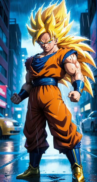 Masterpiece in UHD resolution, action anime style with a focus on lighting and movement effects, inspired by the works of Akira Toriyama and Toyotaro. | Goku transformed into Super Saiyan 3, with long hair and a fiery golden aura, is in the middle of a city at night during a heavy rain. His eyes are filled with fury and determination, while his body radiates incredibly powerful ki. | The city is lit by neon lights in blue and purple, creating reflections on the damp buildings and puddles of water in the street. The camera angle is slightly tilted, enhancing the dramatic intensity of the scene. | The composition of the image follows the rule of thirds, with Goku positioned at the point of intersection of the lines. | Dramatic lighting effects and dynamic ki movement create a stunning contrast between the heavy rain and Goku's fiery energy. | Goku in his Super Saiyan 3 form, furious and radiating ki in the middle of a city at night during heavy rain. | ((perfect_composition, perfect_design, perfect_layout, perfect_detail, ultra_detailed, enhance_details, correct_imperfections)), ((More Detail, Enhance)),vegeta,gohan,Enhanced All