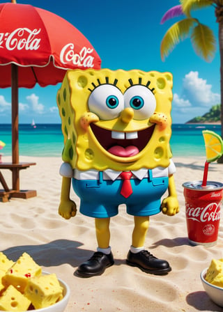 ((Masterpiece in maximum 16K resolution, with the cartoon style emphasizing a dynamic 3D perspective)). | SpongeBob SquarePants is featured in an animated scene at the Bikini Fair, holding a bottle of Coca-Cola. He is standing in front of a food stand, with a happy and relaxed expression on his face. | The setting includes the beach, ocean, and several food and game stands. The lighting is bright, with the sun shining in the sky. | Three-dimensional composition with viewing angle in the foreground, highlighting SpongeBob's pose and the lively atmosphere of the Bikini Fair. | With cinematic lighting and elements such as sparkles, soft lighting, softness and particles that add dynamism to the scene. | SpongeBob drinking a bottle of Coca-Cola at the Bikini Fair. | The camera is positioned very close to him, revealing his entire body as he assumes a dynamic pose, interacting with and leaning against a structure in the scene in an exciting way. | (((He takes a dynamic pose as he interacts, boldly leaning on a structure, leaning back in an exciting way.))), (((((full-body image))))), ((perfect pose, perfect anatomy, perfect body)), ((better hands, perfect fingers, perfect legs, perfect hands)), (((perfect composition, perfect design, perfect layout, correct imperfections))), ((Add more detail, More Detail, Enhance))