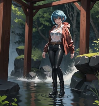 An ultra-detailed 4K masterpiece, combining fantasy and adventure styles, rendered in high resolution with sharp details. | A 23-year-old adventurer, dressed in a brown leather suit, explores a mysterious water temple during a night of torrential rain. Her outfit consists of a hooded jacket, tight pants, high boots, and a belt with multiple compartments to store her belongings. Her short, unkempt ((blue hair)) is wet from the rain, giving her a wild, disheveled look. Her ((red eyes)) shine with determination and curiosity, while ((she looks and smiles at the viewer, showing her white teeth)). | The image highlights the adventurer's athletic figure and the humid and gloomy environment of the water temple. The temple's ancient, rocky structures are covered in mosses and algae, suggesting that it has been submerged for a long time. Heavy rain hits the surrounding rocks, creating an immersive and realistic sound effect. The dim and mysterious lighting is created by some spotlights installed on the walls, highlighting the rough textures of the rocks and creating dramatic shadows. | Dark, cinematic lighting effects create a tense and exciting atmosphere, while detailed textures on the rocks, moss and leather suit add realism to the image. | A thrilling and suspenseful scene of a young adventurer exploring a mysterious water temple during a night of torrential rain, combining the styles of fantasy and adventure. | (((The image reveals a full-body shot as the woman assumes a sensual pose, engagingly leaning against a structure within the scene in an exciting manner. She takes on a sensual pose as she interacts, boldly leaning on a structure, leaning back and boldly throwing herself onto the structure, reclining back in an exhilarating way.))). | ((((full-body shot)))), ((perfect pose)), ((perfect arms):1.2), ((perfect limbs, perfect fingers, better hands, perfect hands, hands)), ((perfect legs, perfect feet):1.2), ((perfect design)), ((perfect composition)), ((very detailed scene, very detailed background, perfect layout, correct imperfections)), ((Enhance, Ultra details)), ((better_hands)), ((More Detail)),poakl