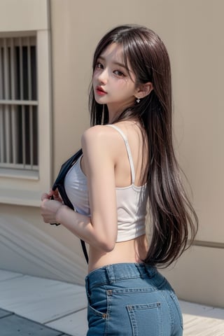 1 girl , solo, Hani, realistic, ((32K CG, UHD, Highly Detail)), (Intricate Detail:1.3), (Highest Quality:1.3), (Masterpiece:1.3), (Surreal:1.3), {beautiful and detailed eyes}, glossy lips, perfect body, lean body, long legs, Glamor body type, delicate facial features, ((a girl wearingfashionable tank top, baggy pants)), ear_rings, from_side
