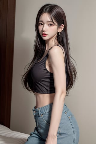 1 girl , solo, Hani, realistic, ((32K CG, UHD, Highly Detail)), (Intricate Detail:1.3), (Highest Quality:1.3), (Masterpiece:1.3), (Surreal:1.3), {beautiful and detailed eyes}, glossy lips, perfect body, lean body, long legs, Glamor body type, delicate facial features, ((a girl wearing fashionable tank top and baggy pants)), ear_rings, from_side
